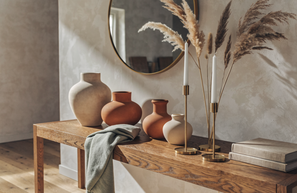 Decoration D Interieur Vases Ceramique Et Bougeoirs Console En Chene Avec Vases En Ceramique Terracotta, Bougeoirs En Laiton Et Miroir Rond, Decoration D'Interieur Chez Meubelen Moens