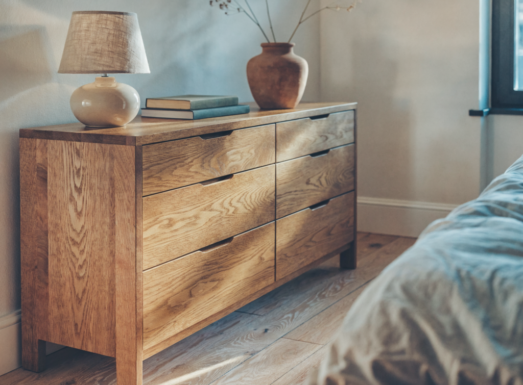 Eiken Commode Met Tafellamp Brede Eiken Commode Met Vijf Laden, Tafellamp En Vaas In Een Lichte Slaapkamer