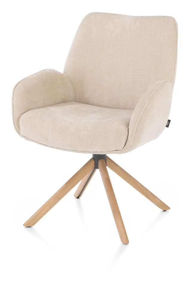 Riley, armstoel 4-poots naturel eiken - draaibaar + pocket - stof Cadiz - Creme