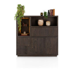 Gijon, highboard 145 cm - 1-porte de verre + 2-portes + 2-tiroirs + 1-p. rabattante + 1-niche (+LED)