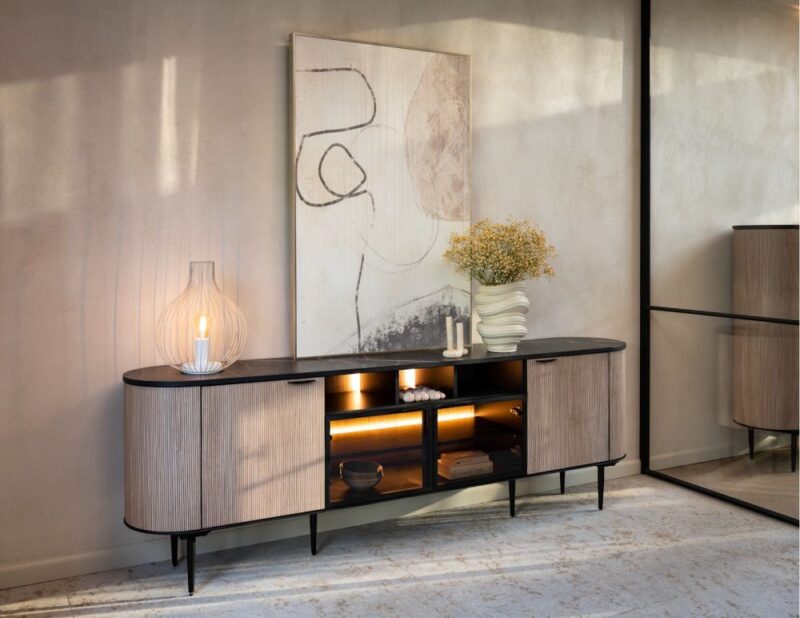 Aramon, Dressoir 240 Cm. - 2-Deuren + 2-Glasdeuren + 3-Niches (+ Led) - Afbeelding 3