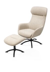 Lomi, fauteuil pivotant avec repose-pieds, tissu beige Cloudy, pied en m&eacute;tal noir