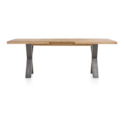 Metalox, table à rallonge 160 (+ 50) x 100 cm - bords effet tronc d\'arbre + X-forme pied metal