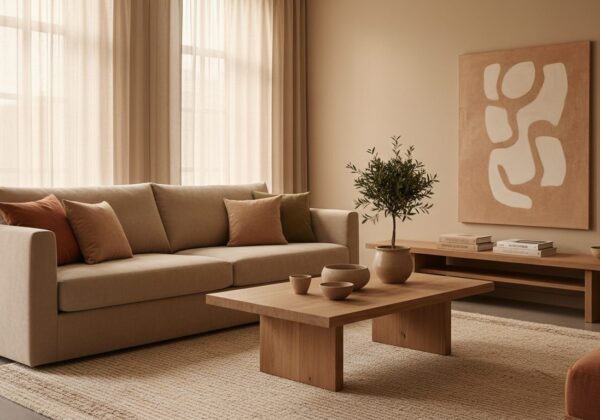 Woonkamer In Aardetinten Met Terracotta, Zand En Olijfgroene Accenten