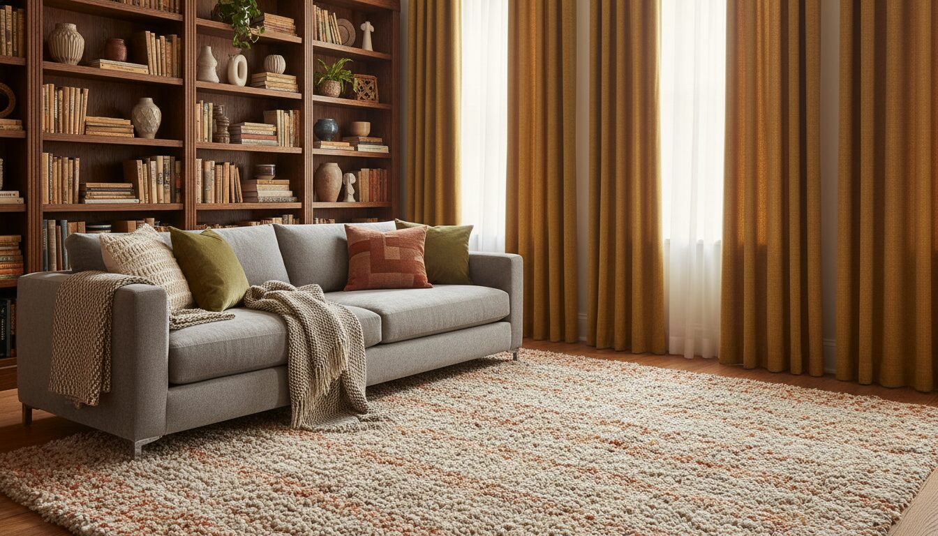 Woonkamer Vol Textiel: Wollen Kleed, Gordijnen En Stoffen Zetel Woonkamer Vol Textiel: Wollen Kleed, Gordijnen En Stoffen Zetel