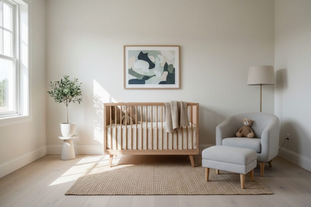 Babykamer Houten Bedje Neutrale Tinten Rustige Babykamer Met Houten Bedje, Neutrale Textielen En Een Fauteuil