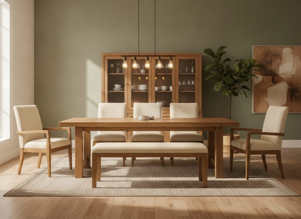 Eiken Bank Gecombineerd Met Stoffen Stoelen En Armstoelen Aan De Kopse Kanten Eiken Bank Gecombineerd Met Stoffen Stoelen En Armstoelen Aan De Kopse Kanten