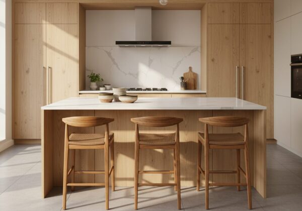 Drie Houten Barstoelen Met Lage Rug Aan Een Keukeneiland