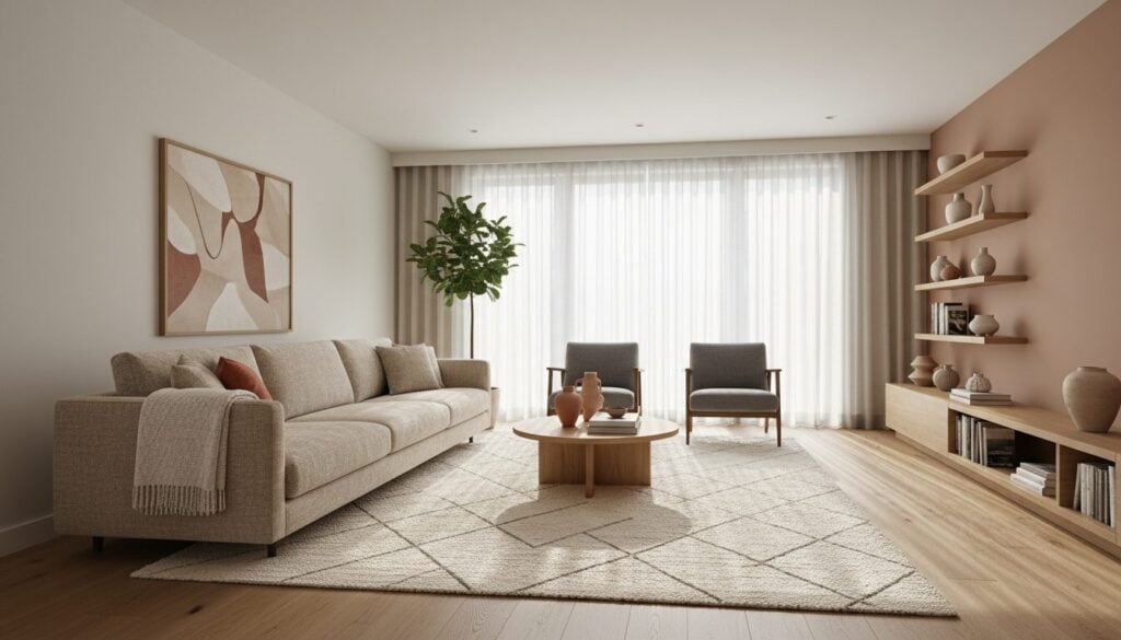 Ruime moderne woonkamer met beige driezitszetel als blikvanger