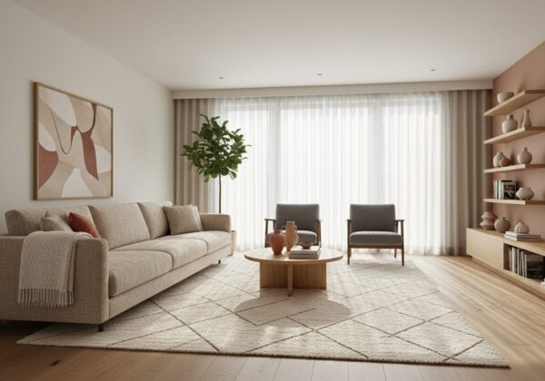 Ruime Moderne Woonkamer Met Beige Driezitszetel Als Blikvanger