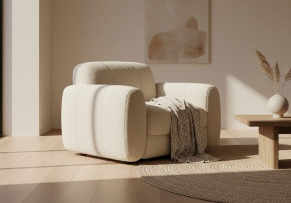 Crèmekleurige Bouclé Fauteuil Met Wollige Lusjesstructuur