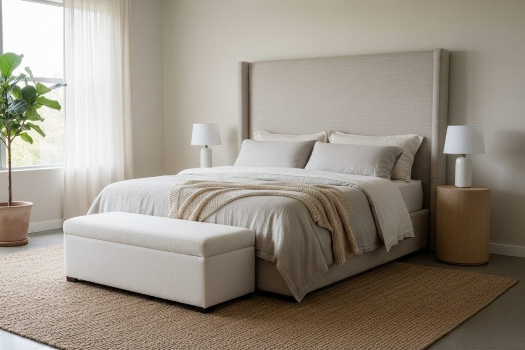 Gestoffeerd Boxspringbed Met Hoog Hoofdbord In Een Lichte Slaapkamer