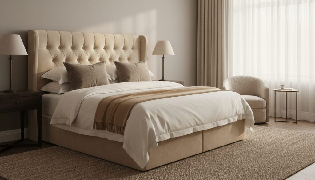 Luxueuze boxspring met gestoffeerd hoofdbord in een serene slaapkamer