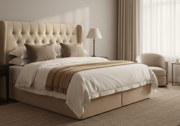 Luxueuze Boxspring Met Gestoffeerd Hoofdbord In Een Serene Slaapkamer