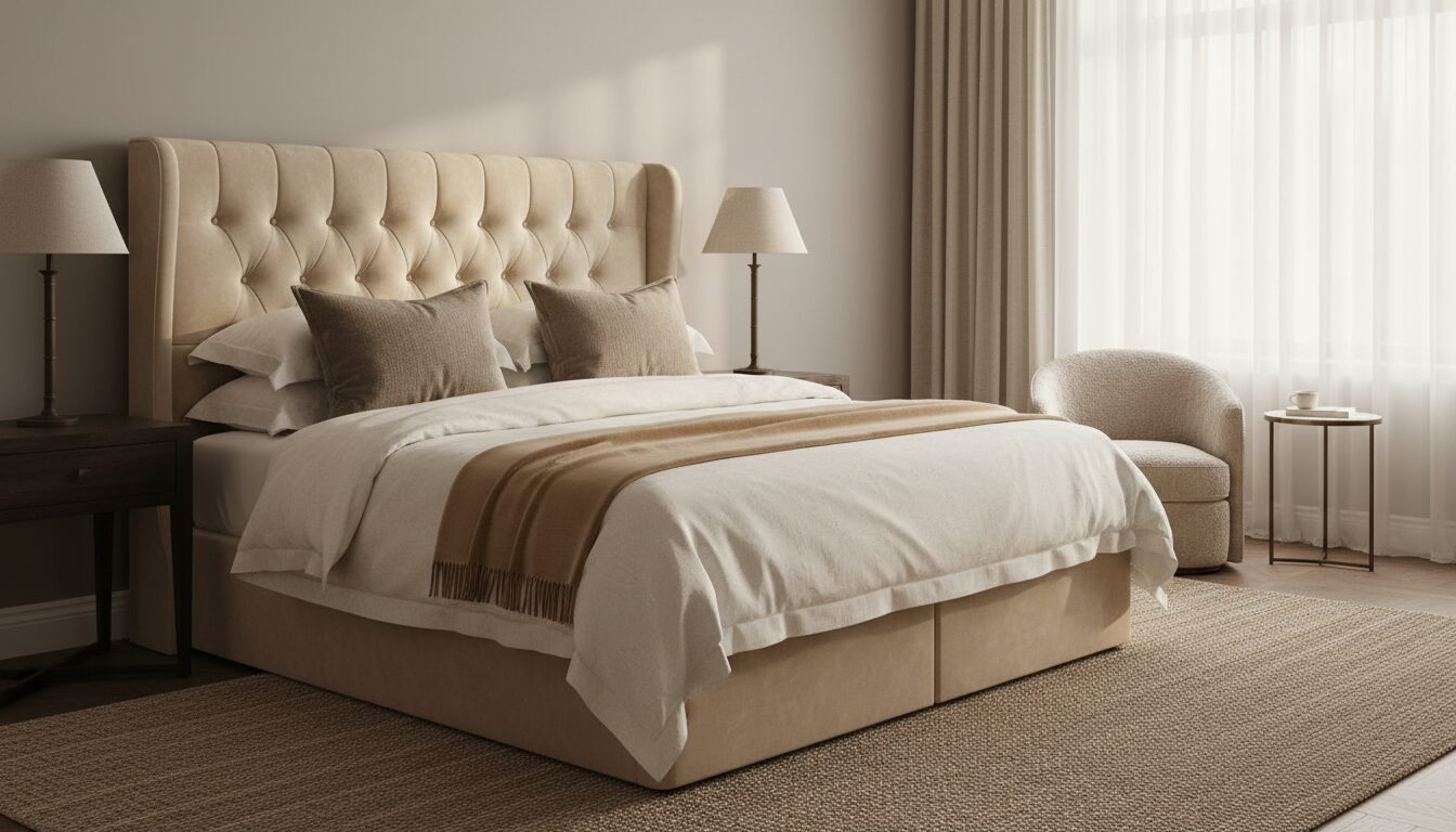 Luxueuze Boxspring Met Gestoffeerd Hoofdbord In Een Serene Slaapkamer Luxueuze Boxspring Met Gestoffeerd Hoofdbord In Een Serene Slaapkamer