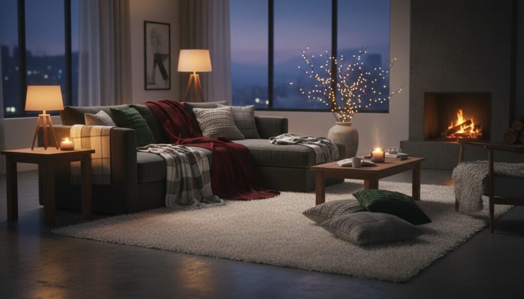 Winterklare woonkamer met plaids, kussens en warm laag licht