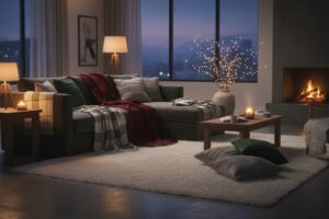 Winterklare Woonkamer Met Plaids, Kussens En Warm Laag Licht