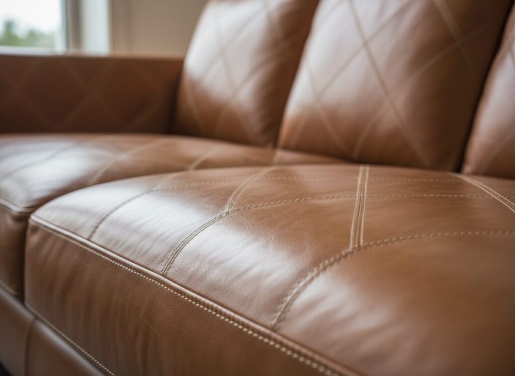 Detail Van Een Cognac Lederen Zetel Met Zichtbaar Stiksel Tissu Ou Cuir ? Bien Choisir Le Revêtement De Votre Canapé