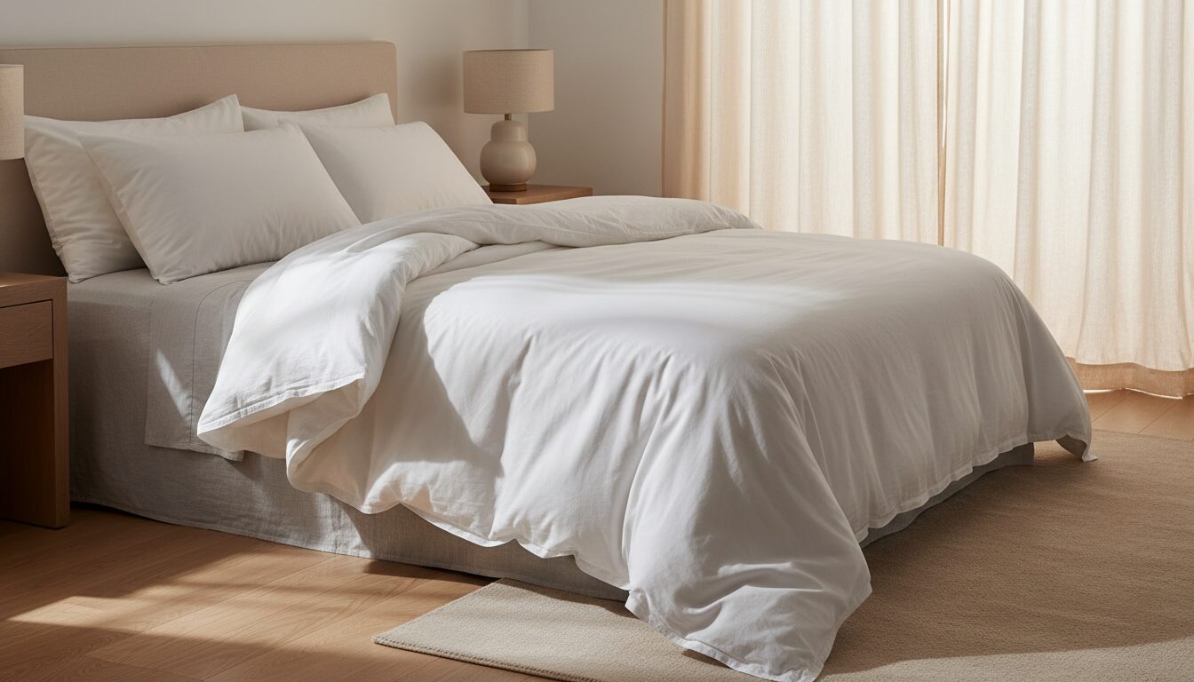 Luchtig Donzen Dekbed Losjes Gedrapeerd Op Een Opgemaakt Bed Luchtig Donzen Dekbed Losjes Gedrapeerd Op Een Opgemaakt Bed