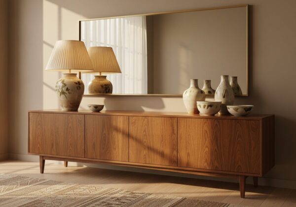 Lang Eiken Dressoir Met Lamp En Keramiek In De Eetkamer