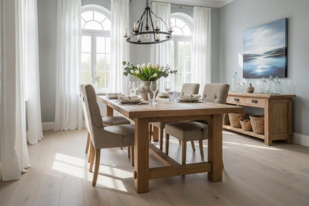 Eetkamer Massief Tafel Gestoffeerde Stoelen La Salle À Manger Idéale : Dimensions, Table, Chaises Et Éclairage