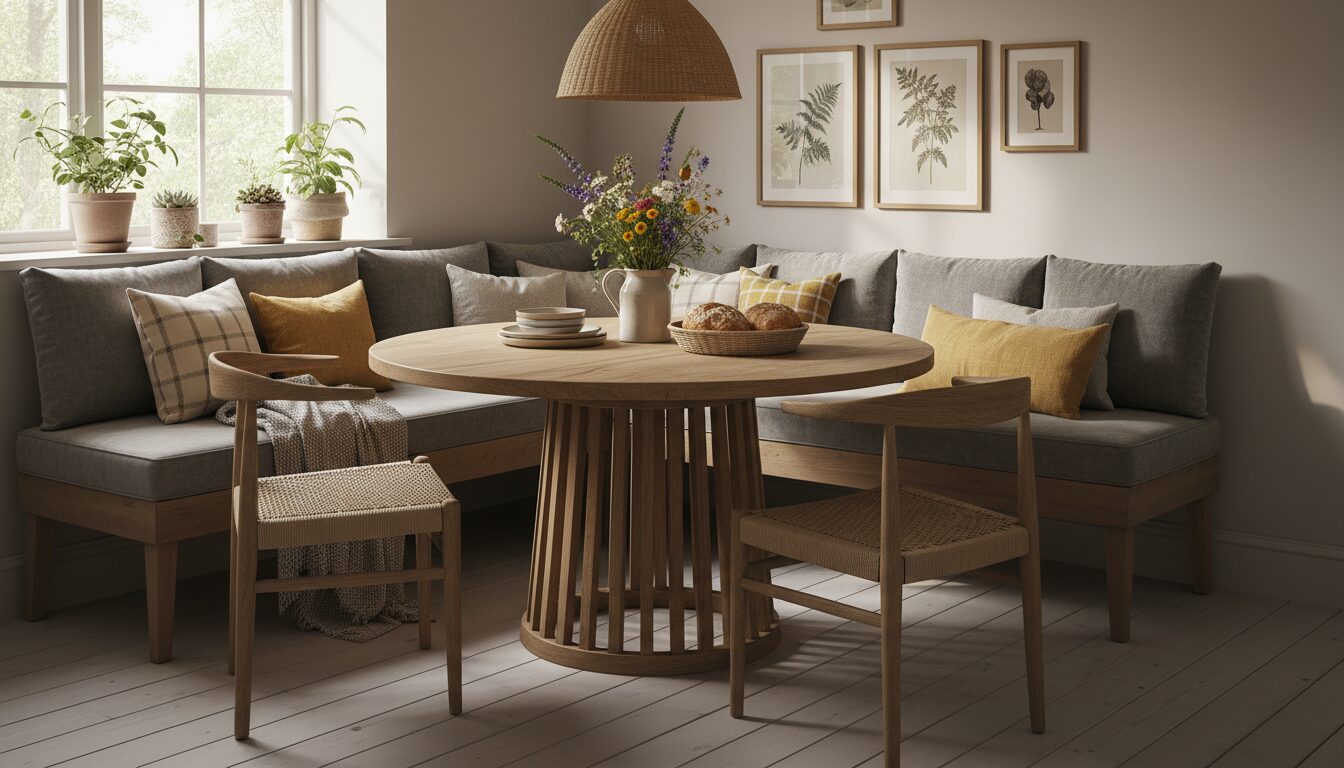 Eethoek Met Gestoffeerde Eetkamerbank Tegen De Muur En Stoelen Aan De Overkant Eethoek Met Gestoffeerde Eetkamerbank Tegen De Muur En Stoelen Aan De Overkant