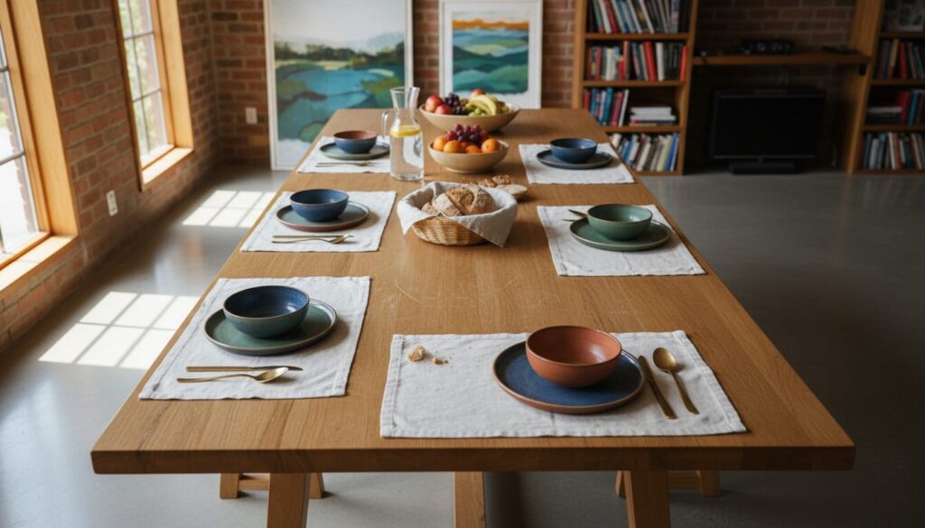 Massief eiken eettafel in dagelijks gebruik met linnen placemats