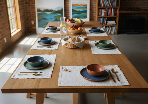 Massief Eiken Eettafel In Dagelijks Gebruik Met Linnen Placemats