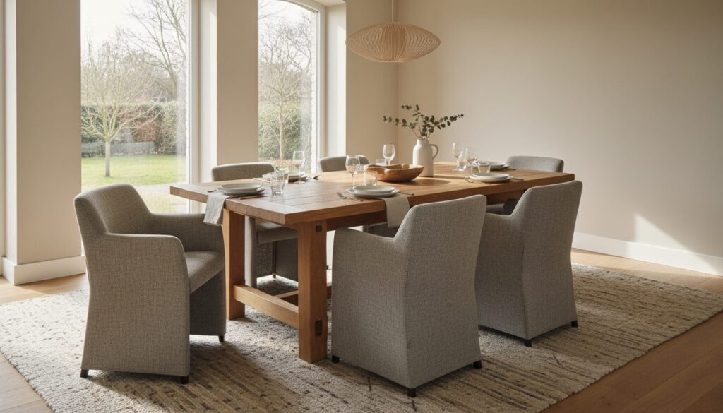 Massief eiken eettafel met zes gestoffeerde stoelen in een lichte eetkamer