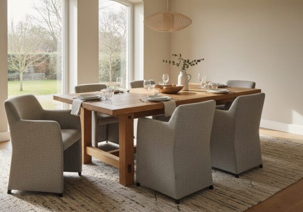 Massief Eiken Eettafel Met Zes Gestoffeerde Stoelen In Een Lichte Eetkamer
