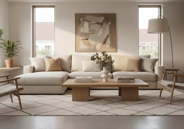 Eiken Salontafel Op Een Wollen Vloerkleed Voor Een Beige Zetel