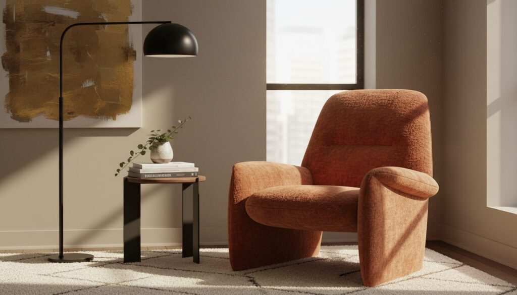 Sculpturale fauteuil in roestkleur als accent in de woonhoek