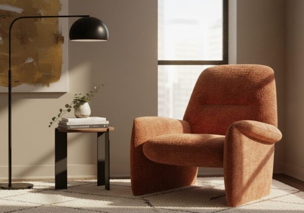 Sculpturale Fauteuil In Roestkleur Als Accent In De Woonhoek