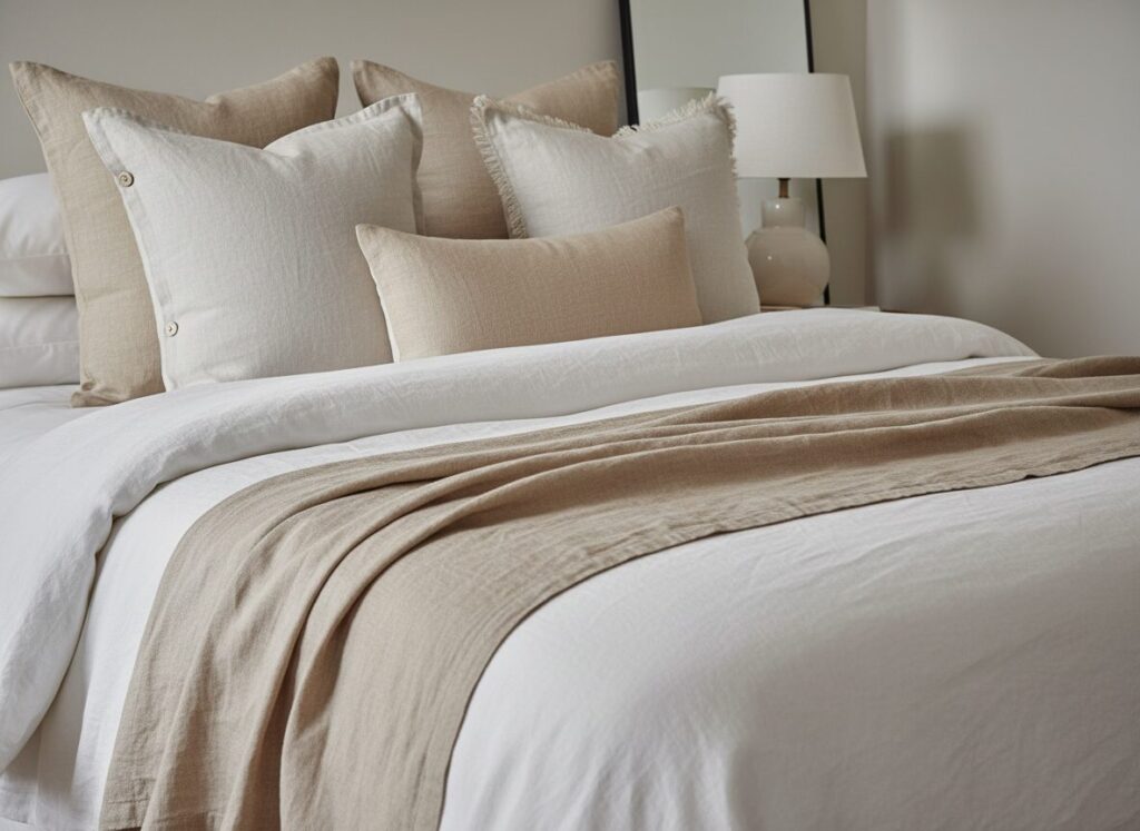 Gelaagd Beddengoed Met Wit Dekbed, Linnen Plaid En Kussens In Zandtinten Aménager Sa Chambre Comme Une Chambre D'Hôtel : 8 Astuces