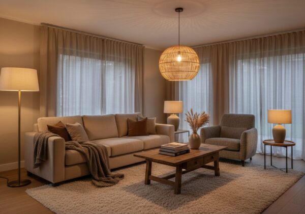 Woonkamer Met Gelaagde Verlichting: Hanglamp, Vloerlamp En Tafellampen