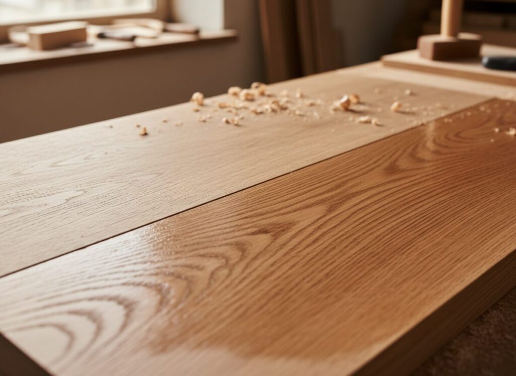 Vers Geolied Eiken Oppervlak Met Diepe Nerf, Half Behandeld Vers Geolied Eiken Oppervlak Met Diepe Nerf, Half Behandeld