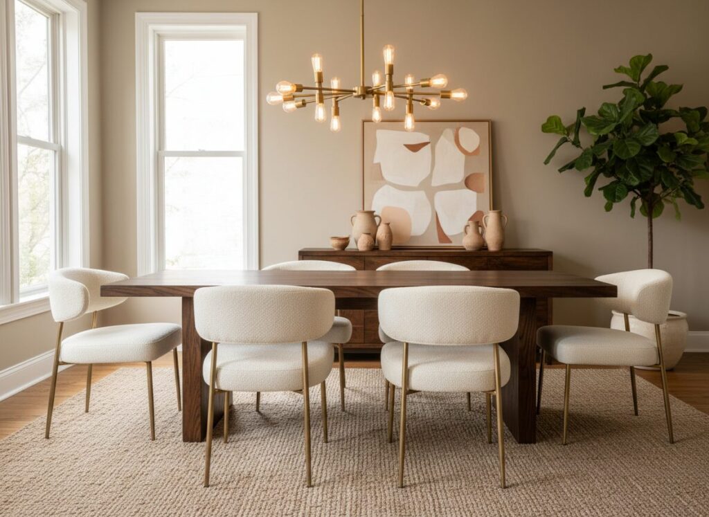 Gerookt Eiken Tafel Met Crème Stoelen En Messing Accenten Gerookt Eiken Tafel Met Crème Stoelen En Messing Accenten