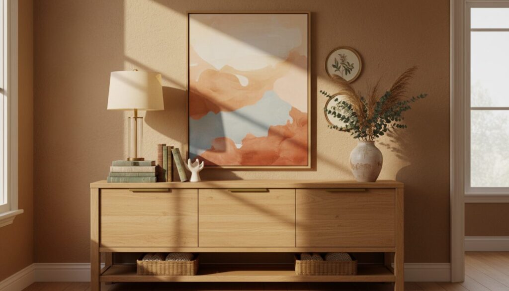 Mooi gestyled eiken dressoir met lamp, kunst, boeken en vaas