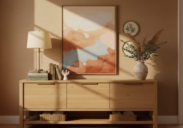 Mooi Gestyled Eiken Dressoir Met Lamp, Kunst, Boeken En Vaas