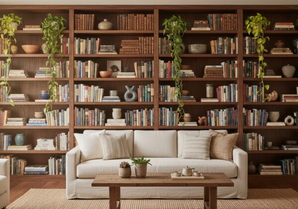 Gestylede Boekenkastwand Met Boeken, Keramiek En Planten
