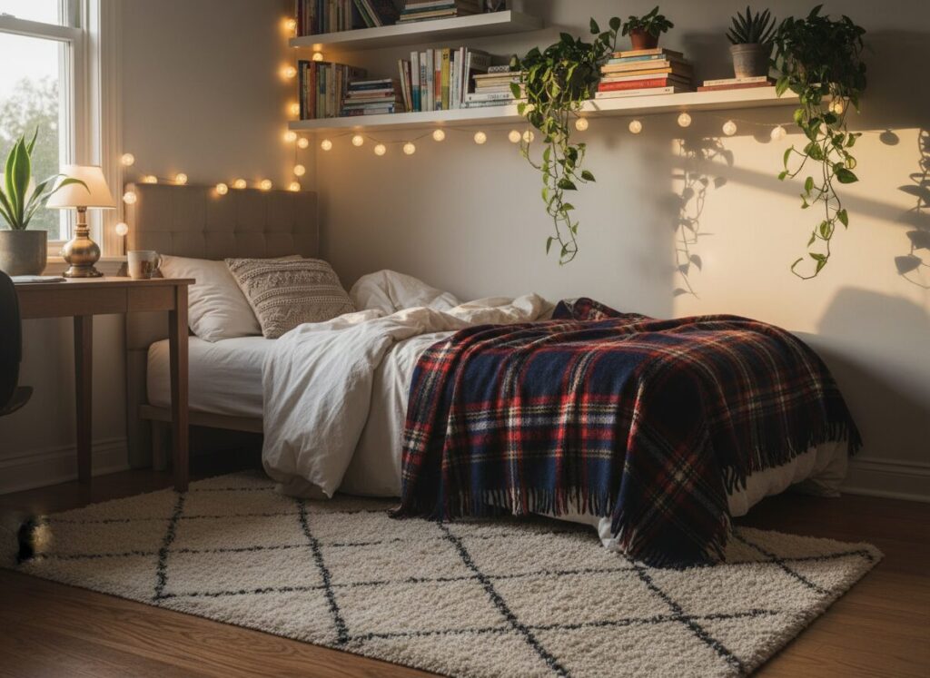 Gezellige Kothoek Met Vloerkleed, Lichtjes En Plaid Op Het Bed Gezellige Kothoek Met Vloerkleed, Lichtjes En Plaid Op Het Bed