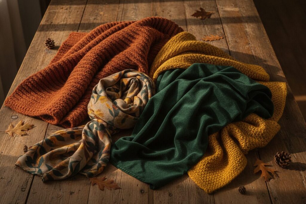 Herfsttextiel Roest Oker Groen L'Automne Dans Votre Intérieur : Couches De Textile, Lumière Chaude Et Saison De Chauffe