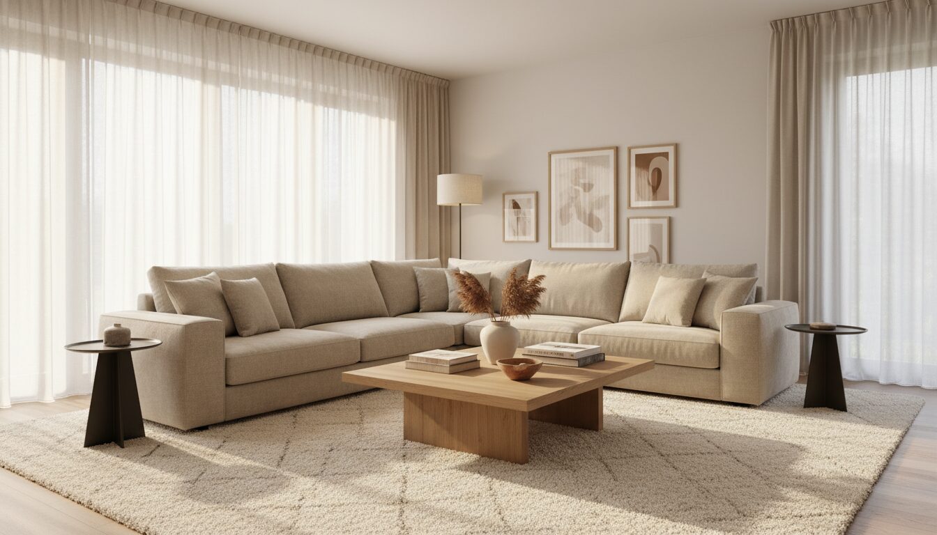 Grote Hoekzetel In Beige Stof In Een Lichte Moderne Woonkamer Canapé D'Angle Ou Canapés Séparés ? Avantages Et Inconvénients