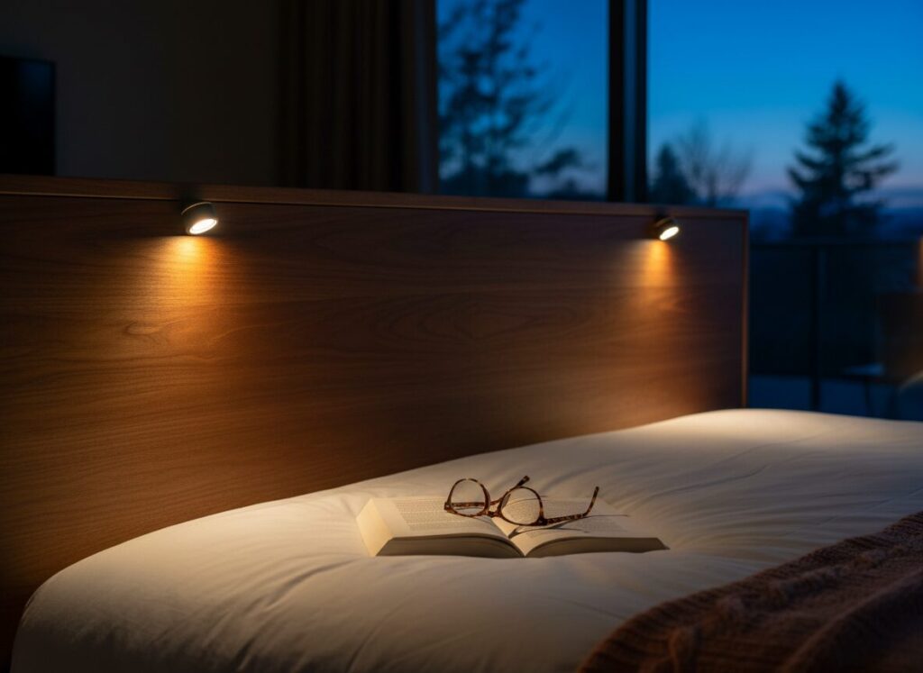 Hoofdbord Met Geïntegreerde Leeslampjes In De Avond La Tête De Lit : Le Meuble Qui Fait Votre Chambre