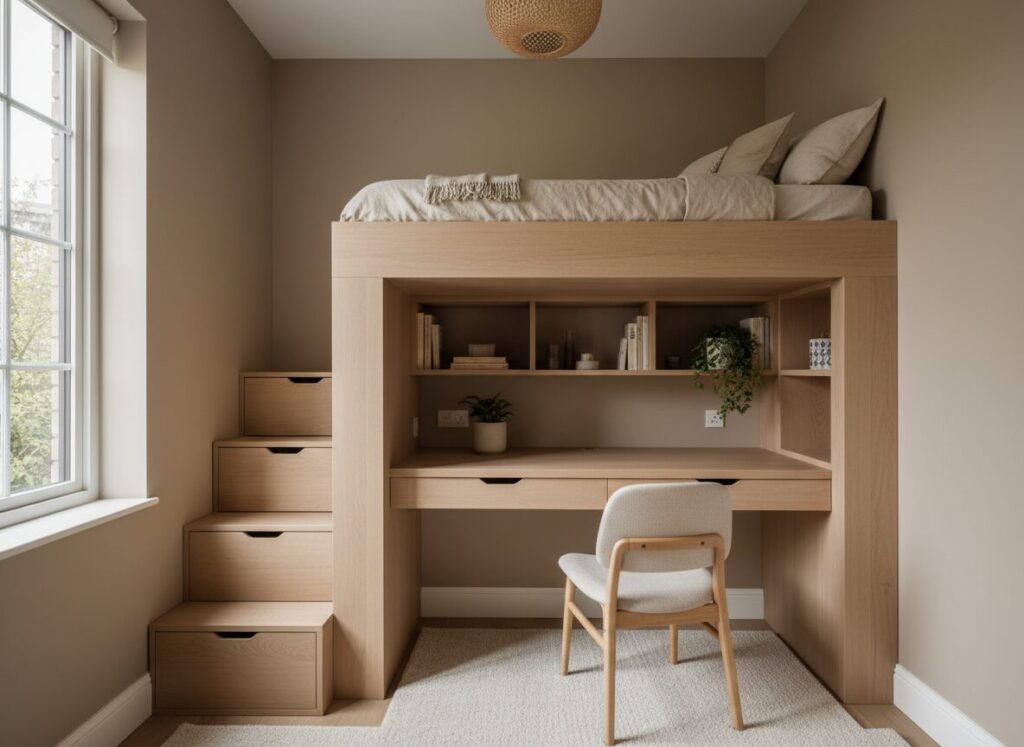 Compacte Tienerkamer Met Hoogslaper Boven Geïntegreerde Bureauruimte Une Chambre D'Ado Qui Grandit Avec Votre Enfant