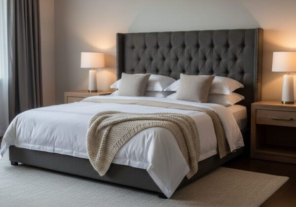 Slaapkamer In Hotelstijl Met Gestoffeerd Hoofdbord En Symmetrische Nachtkastjes