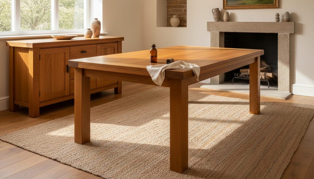 Eiken tafel en dressoir die glanzen na een onderhoudsbeurt