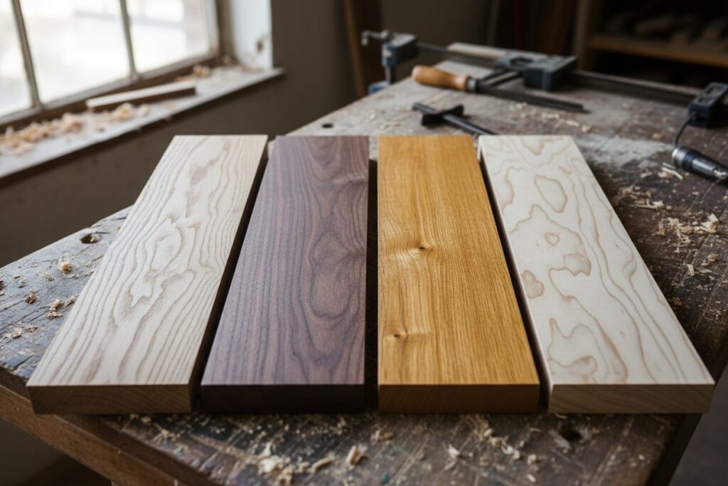 Houtsoorten Eik Noten Teak Acacia Vier Houtsoorten Naast Elkaar: Eik, Noten, Teak En Acacia Met Duidelijk Verschillende Nerf En Kleur