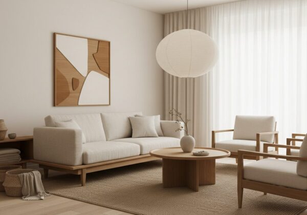 Japandi Woonkamer Met Laag Houten Meubilair En Natuurlijke Textiel