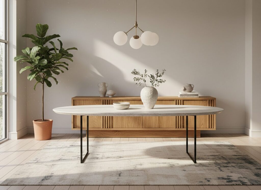 Keramische Tafel Gecombineerd Met Warm Eiken Dressoir Keramische Tafel Gecombineerd Met Warm Eiken Dressoir